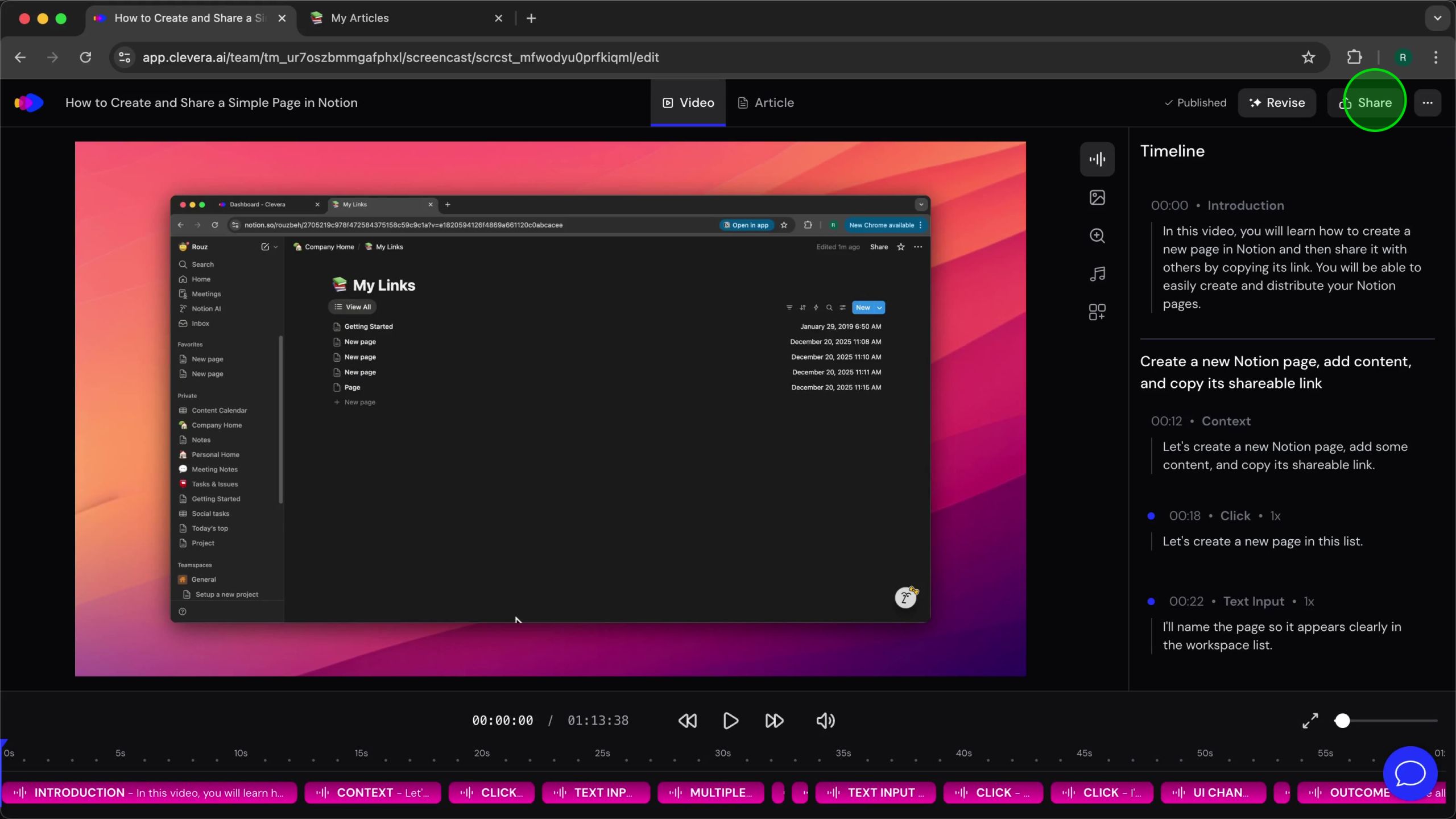 Clevera detailed content view with Share button highlighted